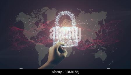 Mostra l'interazione della mano con il lucchetto digitale sulla mappa del mondo, con connessioni di nodi e flussi rossi Foto Stock