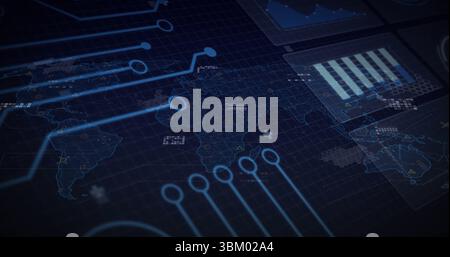 Visualizzazione della sovrapposizione olografica della mappa mondiale sul pannello di controllo, con linee di circuito e pannelli dati blu Foto Stock