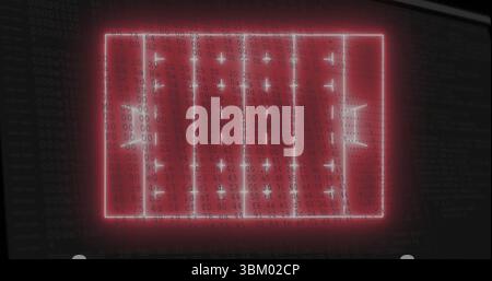 Griglia del pannello al neon rosso illuminata nel terminale, con sovrapposizione esagonale, brillanti stelle e sfondo con codice scuro Foto Stock
