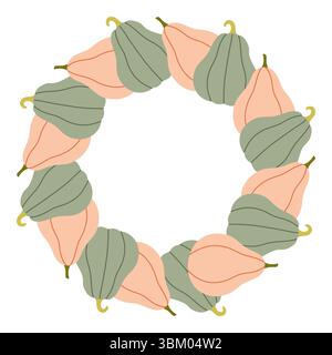 Telaio cerchio zucca. Bordo arrotondato di zucche autunnali. Le zucche hanno forme diverse e sono disposte in cerchio. Isolato piatto vettoriale attivato Illustrazione Vettoriale