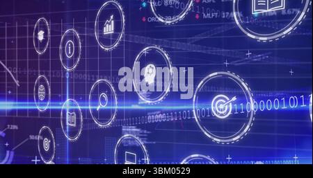 Visualizzazione di icone circolari che si spostano sullo sfondo blu dell'interfaccia, con griglia binaria e fascio luminoso Foto Stock