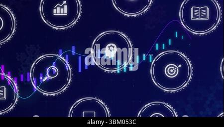 Visualizzazione dell'interfaccia digitale con icone circolari e metriche su grafici a linee e candele Foto Stock