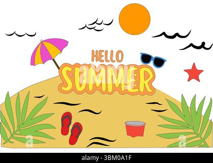illustrazione che celebra l'arrivo dell'estate. La grafica presenta una scena di spiaggia sabbiosa con elementi vibranti Foto Stock