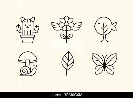 Cute Doodle Icon Collection: Set vettoriale disegnato a mano ispirato alla natura Illustrazione Vettoriale