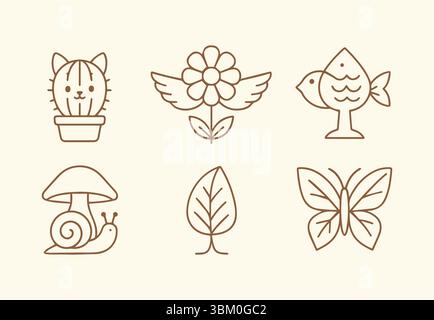 Cute Doodle Icon Collection: Set vettoriale disegnato a mano ispirato alla natura Illustrazione Vettoriale