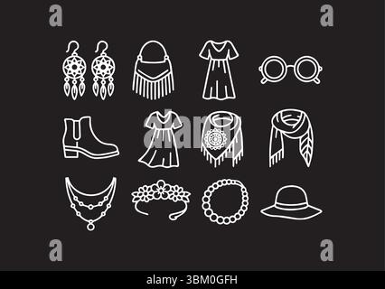 Collezione di illustrazioni Boho Chic Accessories and Fashion Elements. Una collezione di accessori boho-chic Illustrazione Vettoriale