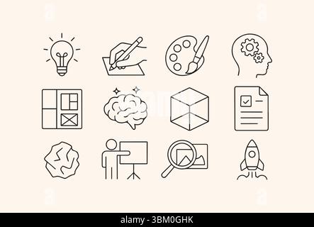 Una serie di icone di linea che descrivono il processo creativo, tra cui la generazione di idee, il brainstorming, l'arte e l'innovazione. Illustrazione Vettoriale