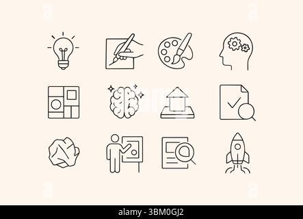 Una serie di icone di linea che descrivono il processo creativo, tra cui la generazione di idee, il brainstorming, l'arte e l'innovazione. Illustrazione Vettoriale