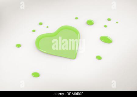 Il rendering 3D mostra il cuore liquido verde lucido e goccioline sparse su una superficie bianca Foto Stock
