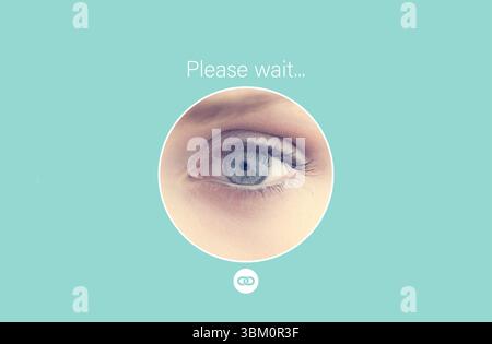 L'occhio femminile viene mostrato nell'interfaccia utente piatta, con cornice circolare, testo "attendere", icona di collegamento. Minimalista, interfaccia utente, design digitale, attenzione, Foto Stock