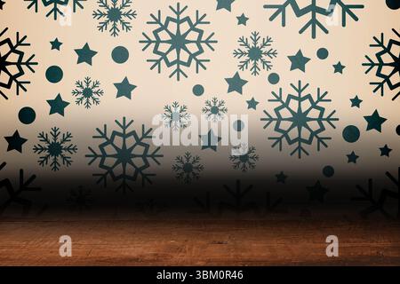 Carta da parati con fiocchi di neve sulle tavole del pavimento Foto Stock