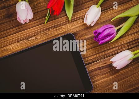 Design piatto che mostra un tablet inclinato sulla scrivania in legno, i fiori di tulipano aggiungono un tocco colorato Foto Stock