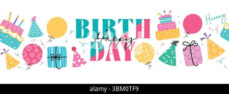 Testo di auguri di compleanno con confezioni regalo colorate, torte e elementi di cappello per feste clip art per feste e feste. Illustrazione Vettoriale