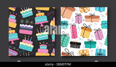 Carta da imballaggio e decorazioni per feste. Fantasie divertenti e senza cuciture con torte di compleanno con candele e confezioni regalo colorate perfette per i temi delle feste. Illustrazione Vettoriale
