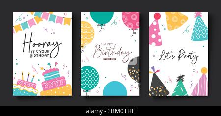 Set di cartoline clipart per il compleanno con eleganti elementi per il compleanno illustrazione vettoriale. Illustrazione Vettoriale