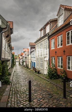 Stretto vicolo acciottolato fiancheggiato da case storiche e colorate nella città vecchia di Flensburg, Schleswig-Holstein, Germania Foto Stock