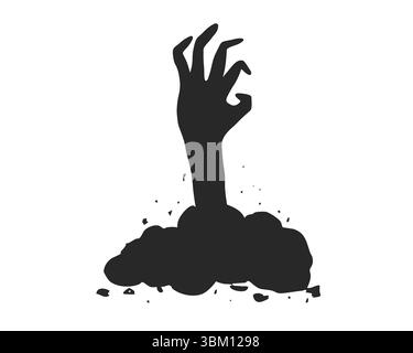 Spaventosa silhouette a mano zombie che si solleva da terra la notte di Halloween. Elemento horror vettoriale per un design spaventoso. Spaventosa sagoma della mano di Halloween che arriva dal suolo del cimitero. Illustrazione vettoriale Illustrazione Vettoriale