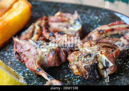 Un tradizionale pasto greco con agnello alla griglia, patatine fritte croccanti e cremosa tzatziki. Un gustoso assaggio di Creta servito fresco in una taverna locale. Foto Stock