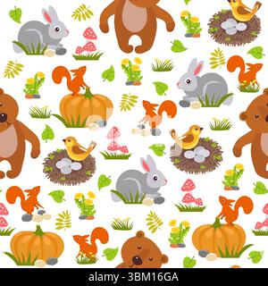 Animali boschivi senza cuciture. Orso cartoni animati e scoiattolo. Lepre carina con zucca. Nido di uccelli. Stampa bambino ripetuta. Fiore di dente di leone. Foglie d'albero. MAM Illustrazione Vettoriale