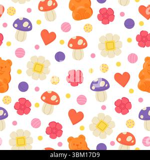 Lecca lecca dai colori vivaci con motivi senza cuciture. Caramelle o orsi gommosi. Cuori dolci e palloncini. Dolciumi a base di zucchero. Stampa ripetuta. Delizioso bonbon. Illustrazione Vettoriale