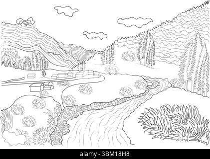 Illustrazione lineare in bianco e nero che raffigura un paesaggio montano tranquillo e panoramico. Il disegno presenta livelli di montagne stilizzate nel backgroun Illustrazione Vettoriale