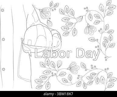Illustrazione in linea bianca e nera con un casco di sicurezza e parte di una camicia da lavoro sulla sinistra, con rami floreali decorativi, foglie e Ry Illustrazione Vettoriale