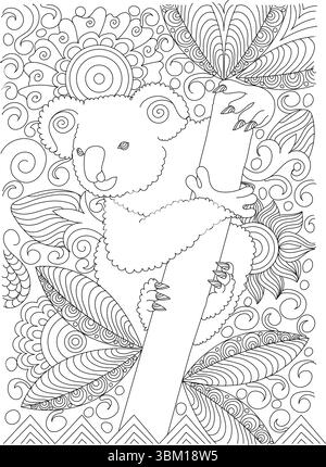 Illustrazione in bianco e nero di un simpatico koala aggrappato ad un ramo d'albero, circondato da intricati motivi astratti che ricordano lo zentan Illustrazione Vettoriale