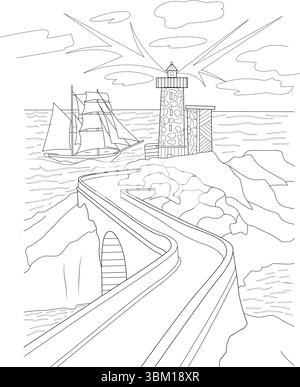 Un contorno pulito in bianco e nero di una scena marittima. Un alto faro di pietra sorge su una scogliera rocciosa che si affaccia sul mare. Un classico marinaio Illustrazione Vettoriale