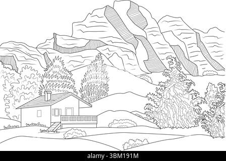 Un'illustrazione dettagliata in bianco e nero che cattura un tranquillo paesaggio montano. La scena presenta una casa accogliente con un portico annidato tra tre Illustrazione Vettoriale