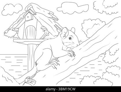 Disegno in linea bianco e nero con un affascinante piccolo animale, forse un chipmunk o uno scoiattolo, arroccato su un ramo d'albero. Sullo sfondo, un BI Illustrazione Vettoriale