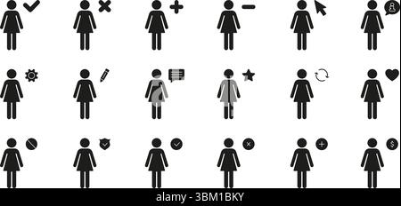 Icone interfaccia utente femmina Set di icone continue. Interazione utente, Gestione profili, raccolta simboli silhouette di comunicazione. Include controllo, croce Illustrazione Vettoriale
