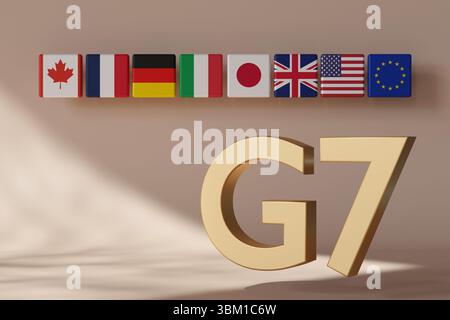 Otto bandiere nazionali che rappresentano i paesi membri del G7 sono disposte sopra un grande simbolo del G7, evidenziando la collaborazione internazionale e la diplomazia Foto Stock