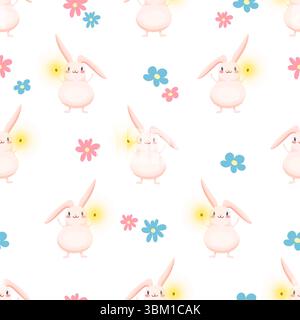 Motivo senza cuciture con coniglietti e fiori Illustrazione Vettoriale