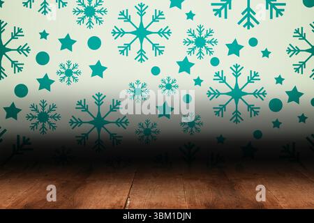 Carta da parati con fiocchi di neve sulle tavole del pavimento Foto Stock