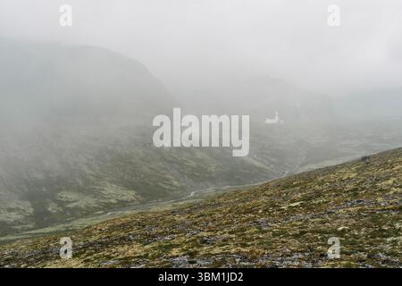 Vista della Valle di Langglupdalen nel Parco Nazionale di Rondane, Norvegia, una giornata piovosa di agosto. Foto Stock