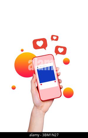 Disegno di immagini di schizzo composito grafica di tendenza collage di smartphone touch screen come banner reazione online foto post app Foto Stock