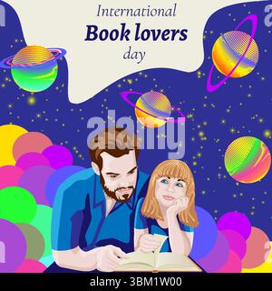 Padre e figlia leggono un libro. Magico cielo stellato con pianeti colorati. Giornata internazionale degli amanti del libro. Sagoma quadrata. Illustrazione vettoriale. Illustrazione Vettoriale