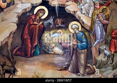 2018 Betlemme, Palestina; Presepe, pittura della Natività di Gesù; Weihnachtskrippe, Gemälde der Geburt Jesu; Escena de la Natividad Foto Stock