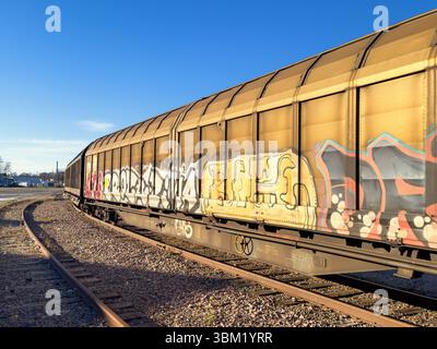 Vagoni merci con graffiti su una ferrovia Foto Stock