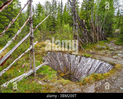 Trappola di alci o alci che sarebbe coperta di bastoni e neve in inverno con recinzione guida in una foresta nella regione di Valdres nella Norvegia centrale Foto Stock