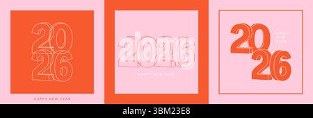 Set di biglietti per Capodanno 2026, numero 3D sottile, poster colorato Illustrazione Vettoriale