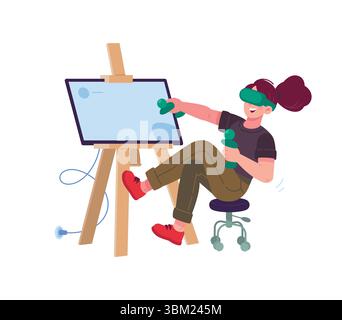 Un'illustrazione d'artista di una ragazza che indossa occhiali virtuali, che dipinge un'immagine su uno schermo. Vettore. Stile piatto. Illustrazione per il design pr Illustrazione Vettoriale