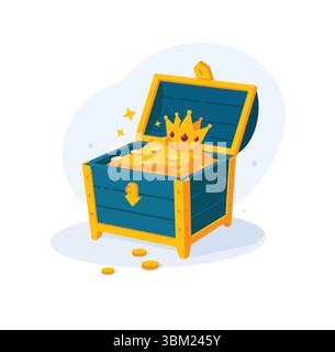 Illustrazione di una cassa con monete e una corona. Vettore. Un simbolo di ricchezza e potere. Contesto per i progetti di progettazione. Illustrazione Vettoriale