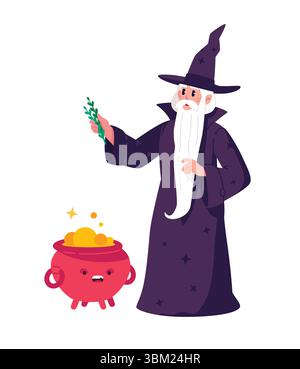 Illustrazione di uno stregone, mago e mago in una veste e cappello da un calderone bollente. Il druido sta preparando una pozione magica. Stile piatto. La Chara Illustrazione Vettoriale