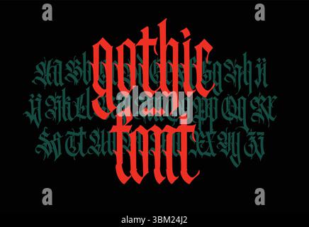 Alfabeto latino completo in stile gotico. Vettore. Calligrafia e lettere. Lettere latine medievali. Carattere elegante per tatuaggi. Tutte le lettere sono separate. Illustrazione Vettoriale