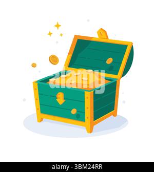 Illustrazione di un petto verde con monete d'oro. Vettore. Un simbolo di ricchezza e abbondanza. Contesto per i progetti di progettazione. Illustrazione Vettoriale