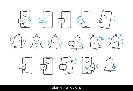 Icone per telefoni, campanelli e notifiche. Vettore. Stile lineare. Un insieme di icone per i progetti di progettazione. Personaggi vivaci e carini con volti umani. Illustrazione Vettoriale