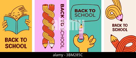 Design verticali Back to School con illustrazioni a matite colorate. Illustrazione Vettoriale