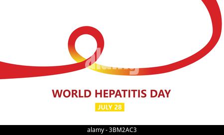 Illustrazione minimalista del nastro rosso che promuove la giornata Mondiale dell'epatite il 28 luglio, simboleggiando la consapevolezza della salute del fegato e le campagne mediche globali. Vettore i Illustrazione Vettoriale