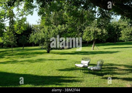 Due sedie vuote in un giardino illuminato dal sole della sera - John Gollop Foto Stock
